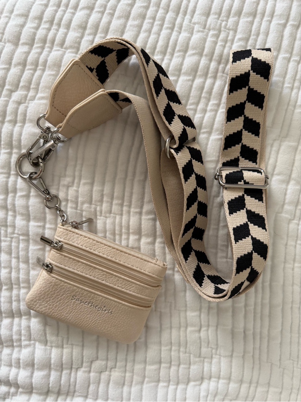 Beige Crossbody Strap Wallet with Black Chevron Strap